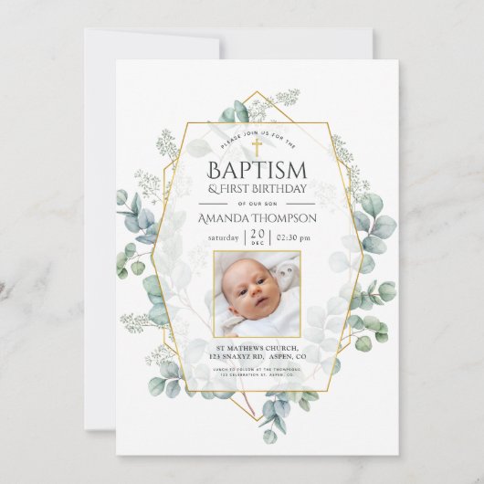 Eucalyptus Geometric Baptisme 1st Birthday Kaart (Voorkant)