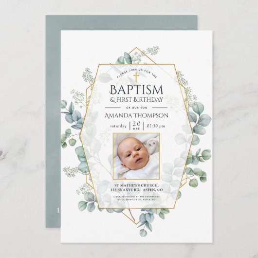 Eucalyptus Geometric Baptisme 1st Birthday Kaart (Voorkant / Achterkant)