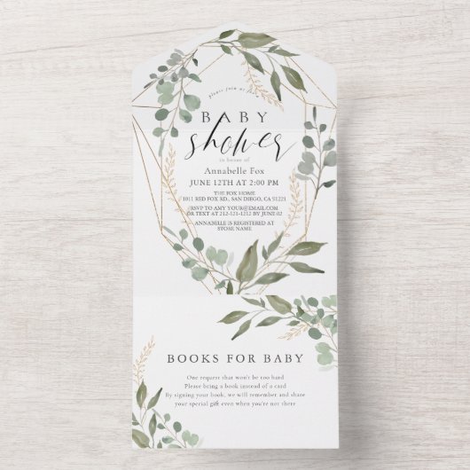 Eucalyptus Geometric Book Request Baby shower All In One Uitnodiging (Binnen)