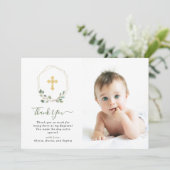 Eucalyptus Geometric en Cross | Baptisemfoto Bedankkaart (Staand voorkant)