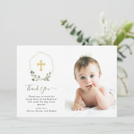 Eucalyptus Geometric en Cross | Baptisemfoto Bedankkaart (Staand voorkant)