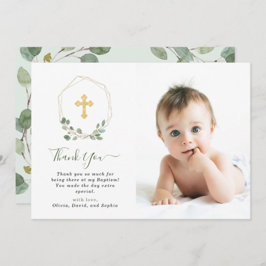 Eucalyptus Geometric en Cross | Baptisemfoto Bedankkaart (Voorkant / Achterkant)
