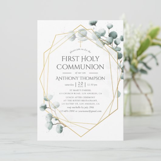 Eucalyptus Geometric First Heilige Communie Kaart (Staand voorkant)