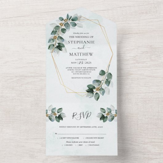 Eucalyptus Geometric Foliage Modern Wedding All In One Uitnodiging (Binnen)