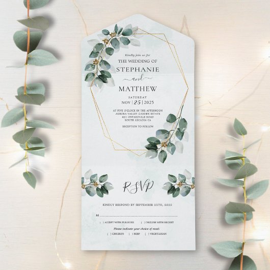 Eucalyptus Geometric Foliage Modern Wedding All In One Uitnodiging