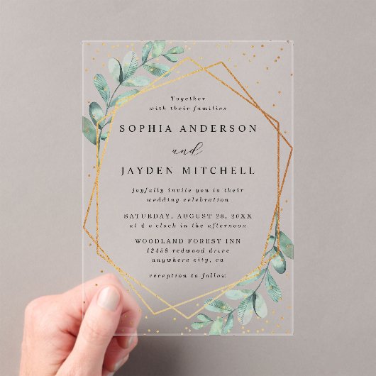 Eucalyptus Geometric Gold Foil Wedding Acryl Uitnodigingen (Insitu (Draagbaar))