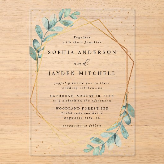 Eucalyptus Geometric Gold Foil Wedding Acryl Uitnodigingen (Voorkant)