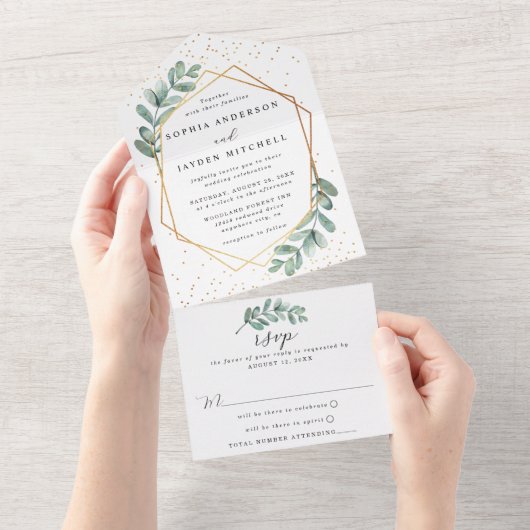 Eucalyptus Geometric Gold Foil Wedding All In One Uitnodiging (Afscheurbaar)