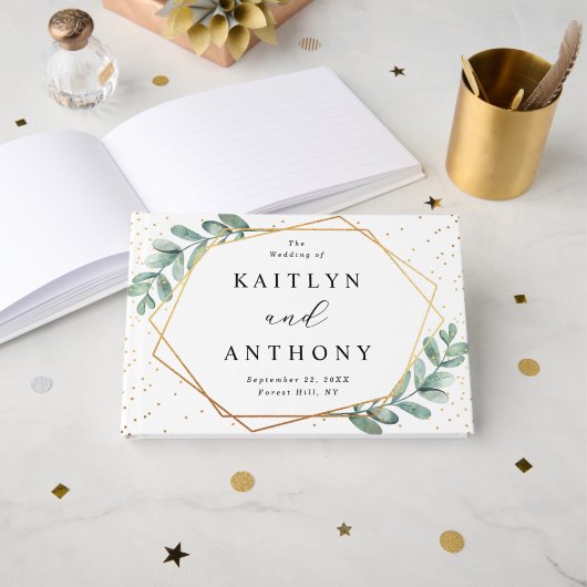 Eucalyptus Geometric Gold Foil Wedding Gastenboek (Voorkant open)