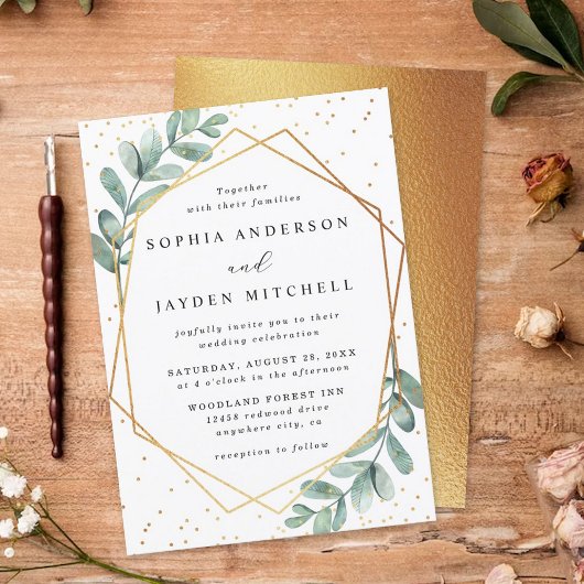 Eucalyptus Geometric Gold Foil Wedding Kaart