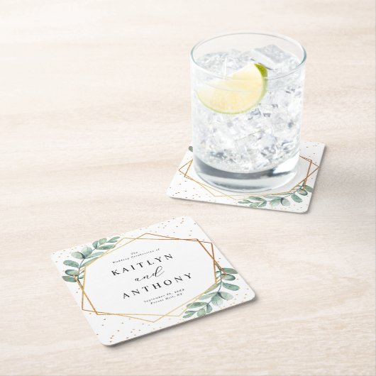 Eucalyptus Geometric Gold Foil Wedding Kartonnen Onderzetters (Insitu)