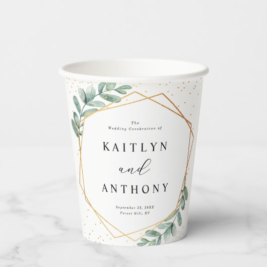 Eucalyptus Geometric Gold Foil Wedding Papieren Bekers (Achterkant)