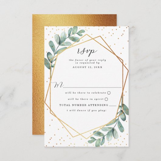 Eucalyptus Geometric Gold Foil Wedding RSVP Kaartje (Voorkant / Achterkant)