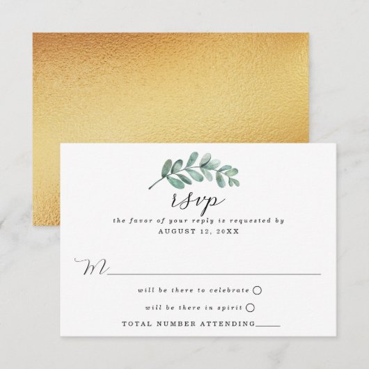 Eucalyptus Geometric Gold Foil Wedding RSVP Kaartje (Voorkant / Achterkant)