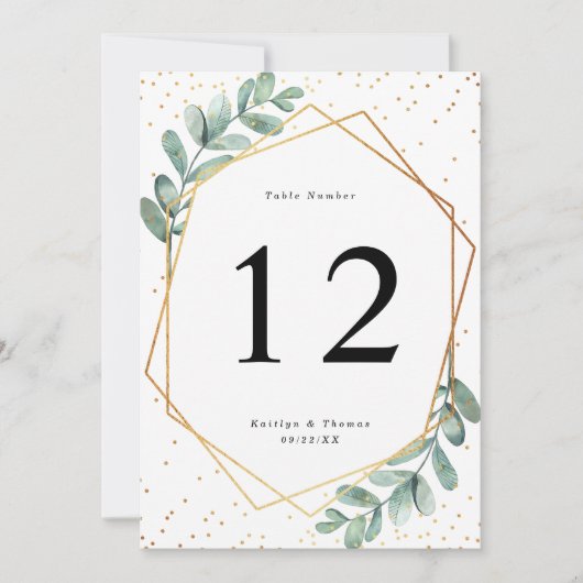 Eucalyptus Geometric Gold Foil Wedding Table Kaart (Voorkant)