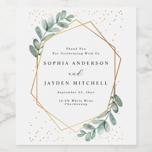 Eucalyptus Geometric Gold Foil Wedding Wijn Etiket (Enkel label)