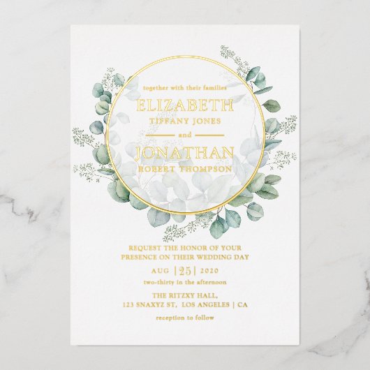 Eucalyptus Geometric Gold Wedding Folie Uitnodiging (Voorkant)