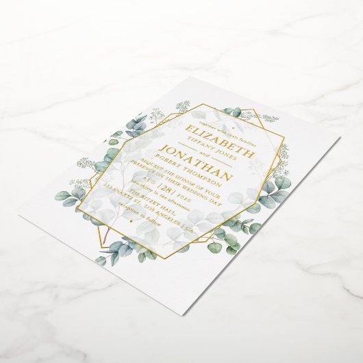 Eucalyptus Geometric Gold Weduwde Folie Uitnodigin Folie Uitnodiging (Gedraaid)