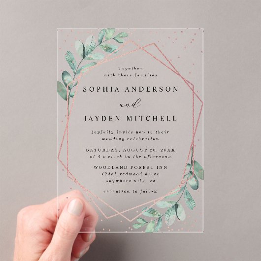 Eucalyptus Geometric Roos Gold Foil Weddenschap Acryl Uitnodigingen (Insitu (Draagbaar))