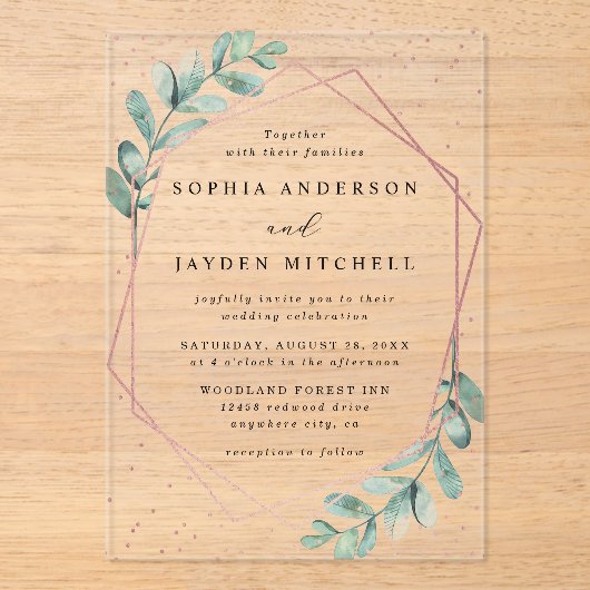Eucalyptus Geometric Roos Gold Foil Weddenschap Acryl Uitnodigingen (Voorkant)