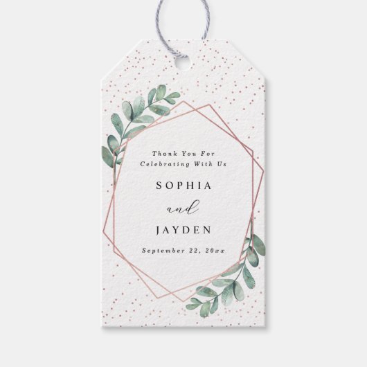 Eucalyptus Geometric Roos Gold Foil Weddenschap Cadeaulabel (Voorkant)