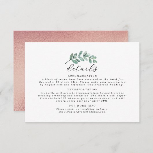 Eucalyptus Geometric Roos Gold Foil Weddenschap Informatiekaartje (Voorkant / Achterkant)