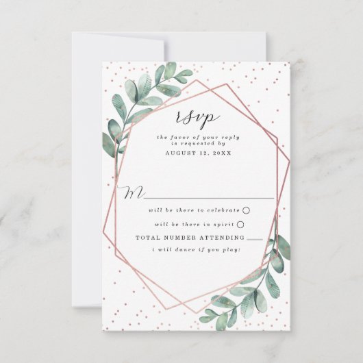Eucalyptus Geometric Roos Gold Foil Weddenschap RSVP Kaartje (Voorkant)