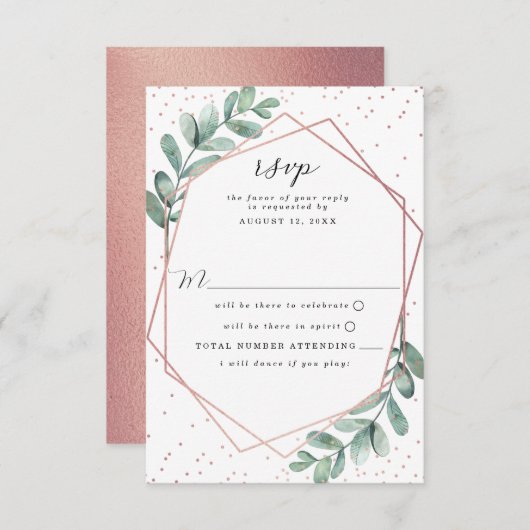 Eucalyptus Geometric Roos Gold Foil Weddenschap RSVP Kaartje (Voorkant / Achterkant)