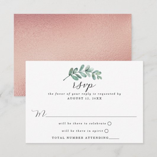 Eucalyptus Geometric Roos Gold Foil Weddenschap RSVP Kaartje (Voorkant / Achterkant)