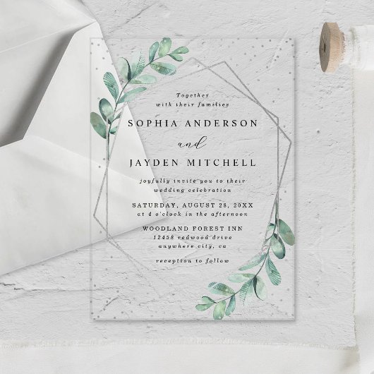 Eucalyptus Geometric Silver Foil Wedding Acryl Uitnodigingen