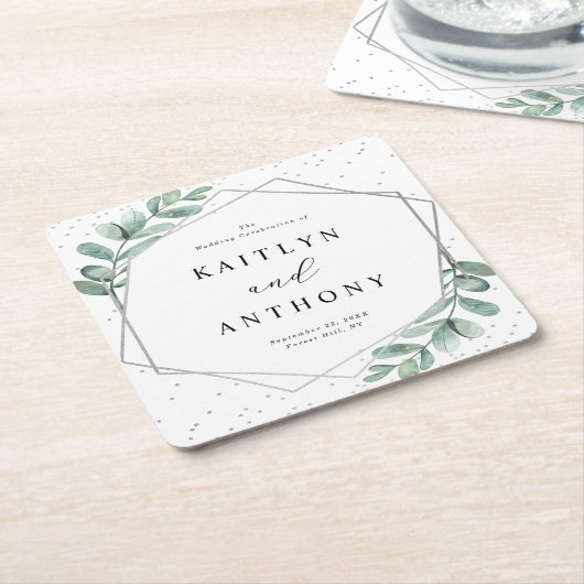 Eucalyptus Geometric Silver Foil Wedding Kartonnen Onderzetters (Schuin)
