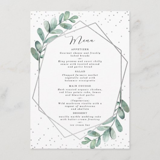 Eucalyptus Geometric Silver Foil Wedding Menu (Voorkant)