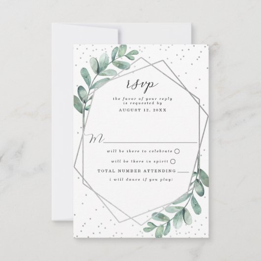 Eucalyptus Geometric Silver Foil Wedding RSVP Kaartje (Voorkant)