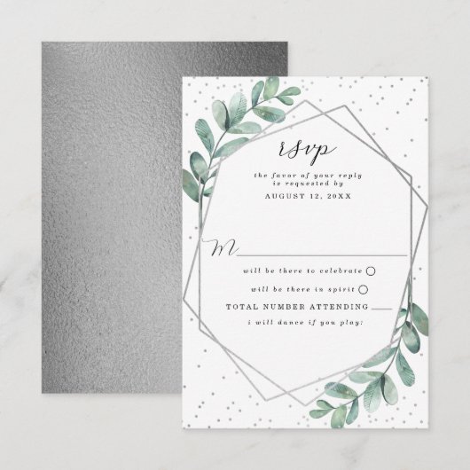 Eucalyptus Geometric Silver Foil Wedding RSVP Kaartje (Voorkant / Achterkant)