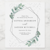 Eucalyptus Geometric Silver Foil Wedding Wijn Etiket (Enkel label)