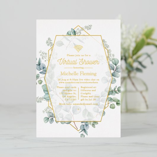 Eucalyptus Geometric Virtual Shower per mail Folie Uitnodiging (Staand Voorkant)