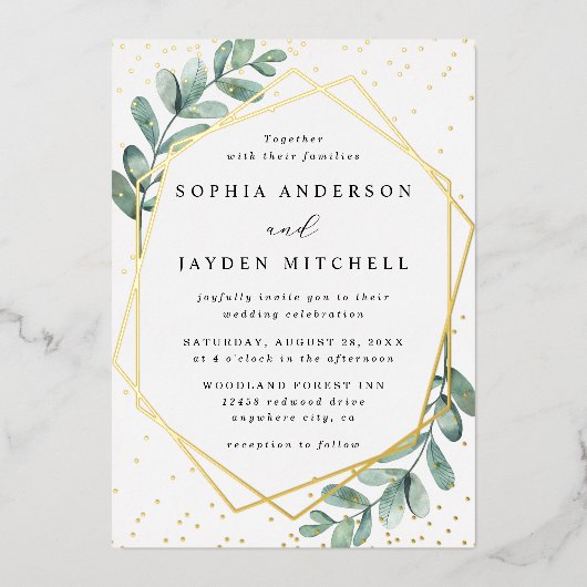 Eucalyptus Geometric Wedding Real Folie Uitnodiging (Voorkant)