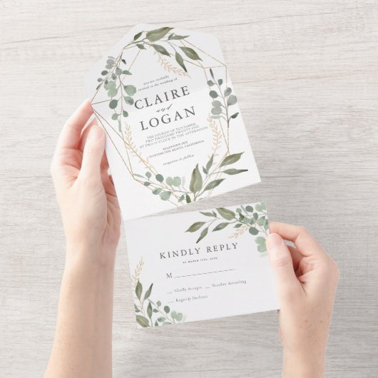 Eucalyptus Geometrisch Gouden Frame Saliegroen Huw All In One Uitnodiging (Afscheurbaar)