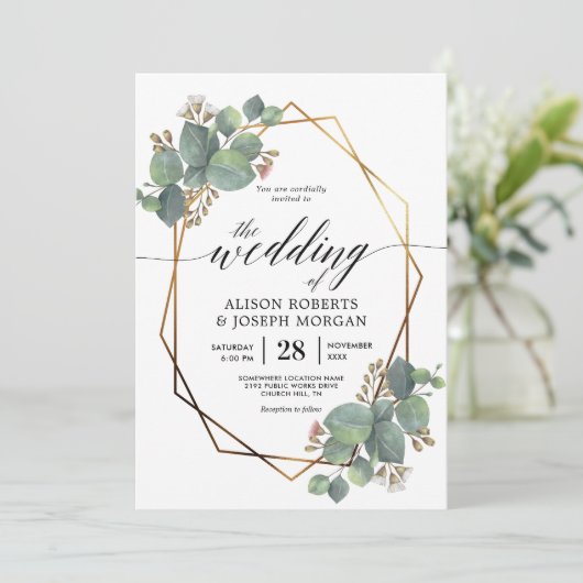 Eucalyptus geometrisch lijst bruiloft uitnodiging (Staand voorkant)