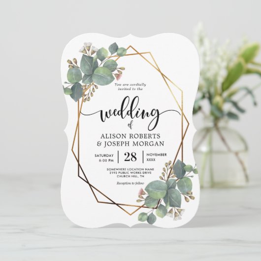 Eucalyptus geometrisch lijst bruiloft uitnodiging (Staand voorkant)