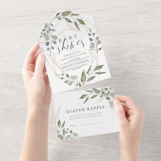 Eucalyptus geometrisch luierraffel Baby shower All In One Uitnodiging (Afscheurbaar)