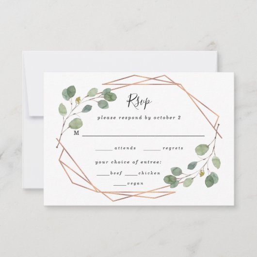 Eucalyptus Geometrisch Roos Gouden Bruiloft Maalti RSVP Kaartje (Voorkant)
