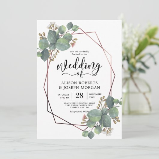 Eucalyptus geometrisch roos gouden lijst bruiloft kaart (Staand voorkant)