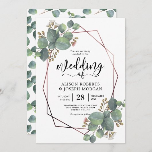 Eucalyptus geometrisch roos gouden lijst bruiloft kaart (Voorkant / Achterkant)