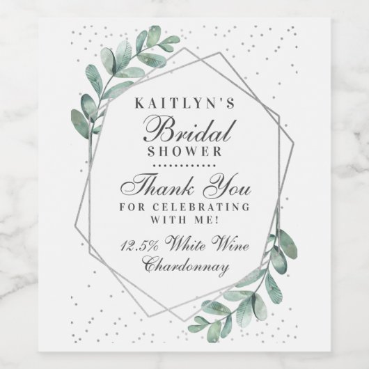 Eucalyptus geometrisch zilverfolie Vrijgezellenfee Wijn Etiket (Enkel label)