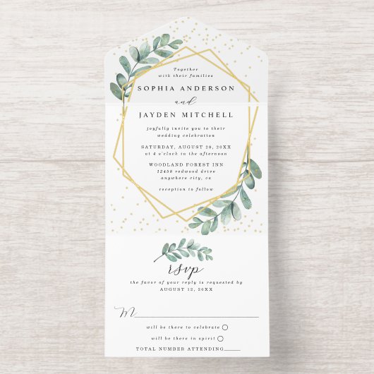 Eucalyptus geometrische bruiloft echte Folie geper All In One Uitnodiging (Binnenkant)