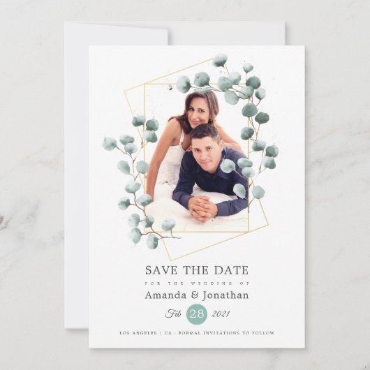Eucalyptus geometrische foto bruiloft save the date (Voorkant)