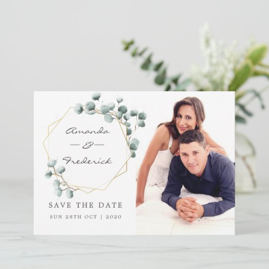 Eucalyptus Geometrische Huwelijk Opslag de Datum Kaart (Staand voorkant)
