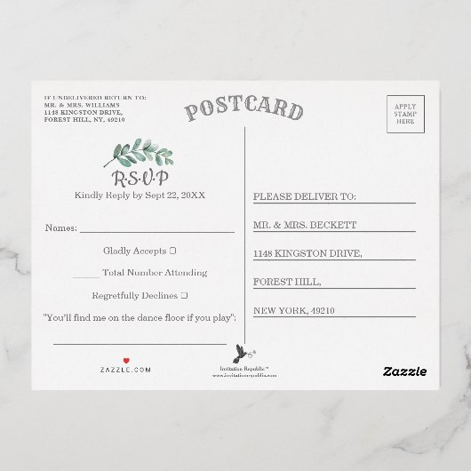 Eucalyptus Geometrische Huwelijks-RSVP Werkelijk Folie Uitnodiging Briefkaart (Achterkant)