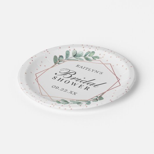 Eucalyptus geometrische roze gouden folie bruidsfe papieren bordje (Gekanteld)